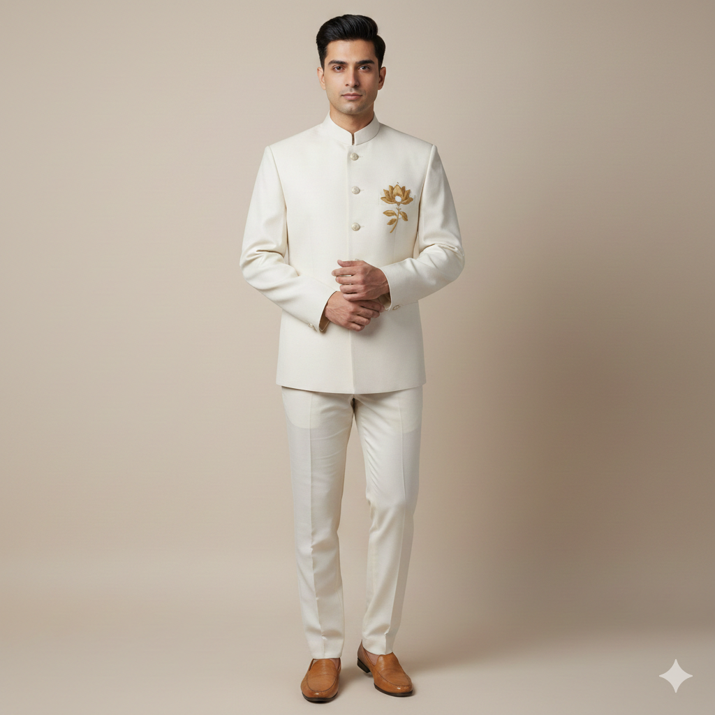 ManTire Premium Designer Bandhgala Suit Fabric With Handwork Colour Off White