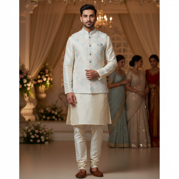 Koti (Nehru Jacket) Fabric ManTire Designer Silk Embroidery Colour Blue,Green N Pink