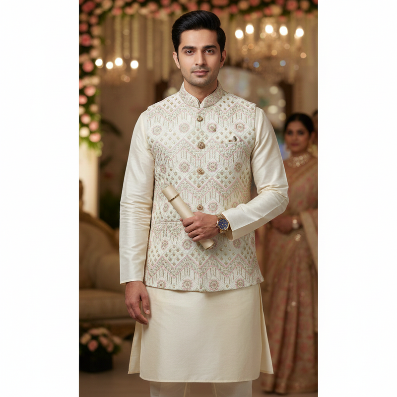 Koti (Nehru Jacket) Fabric ManTire Designer Silk Embroidery Colour Pista Green N Pink