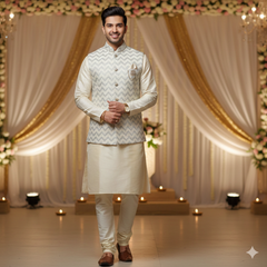 Koti (Nehru Jacket) Fabric ManTire Designer Silk Embroidery Colour Off White