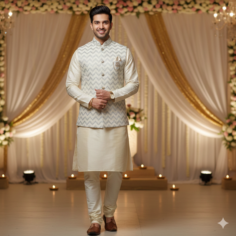 Koti (Nehru Jacket) Fabric ManTire Designer Silk Embroidery Colour Off White