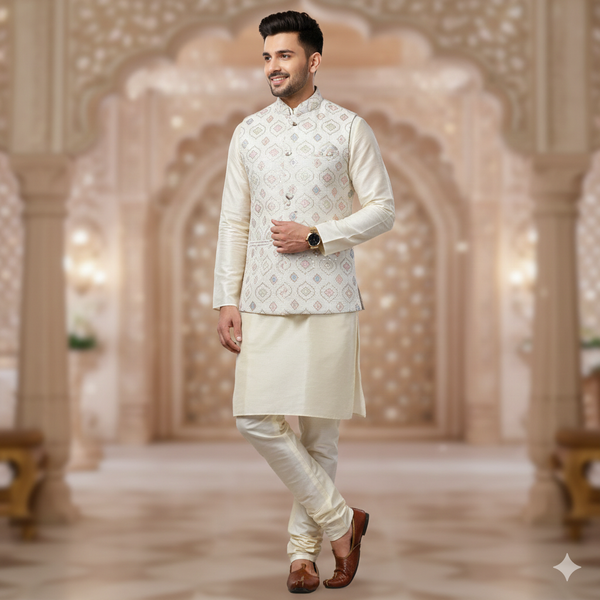 Koti (Nehru Jacket) Fabric ManTire Designer Silk Embroidery Colour Green N Blue