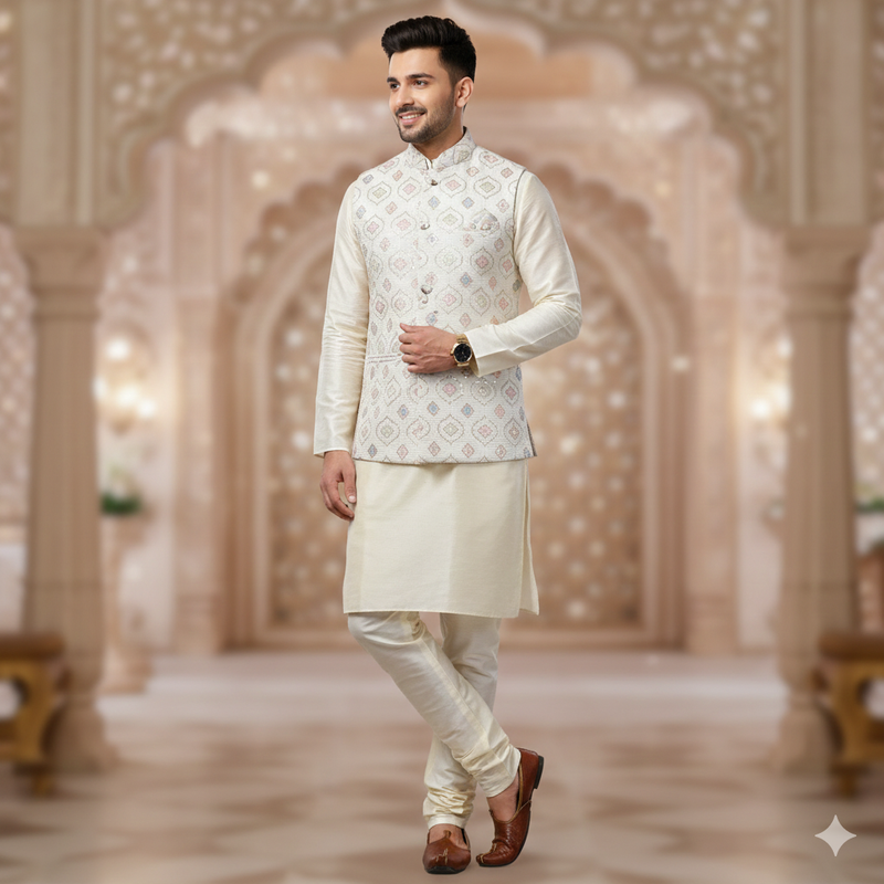 Koti (Nehru Jacket) Fabric ManTire Designer Silk Embroidery Colour Green N Blue