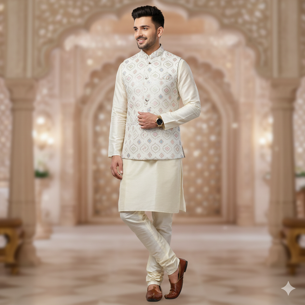 Koti (Nehru Jacket) Fabric ManTire Designer Silk Embroidery Colour Green N Blue