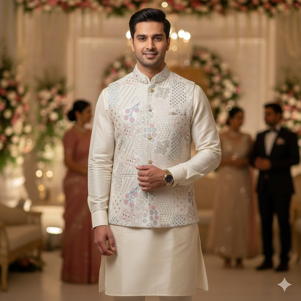 Koti (Nehru Jacket) Fabric ManTire Designer Silk Embroidery Colour Blue,Green N Pink