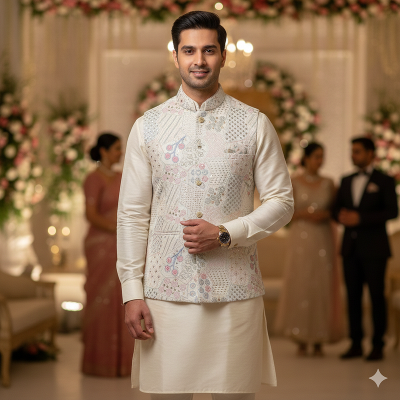 Koti (Nehru Jacket) Fabric ManTire Designer Silk Embroidery Colour Blue,Green N Pink