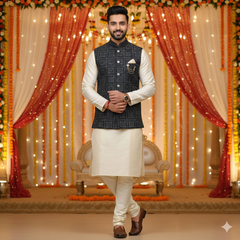 Koti (Nehru Jacket) Fabric ManTire Designer Velvet Embroidery Colour Black