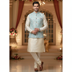 Koti (Nehru Jacket) Fabric ManTire Designer Silk Embroidery Colour Sea Blue