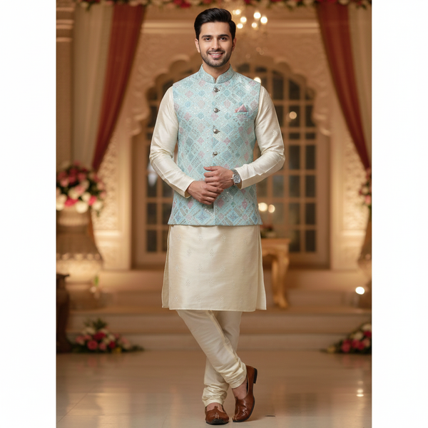 Koti (Nehru Jacket) Fabric ManTire Designer Silk Embroidery Colour Sea Blue