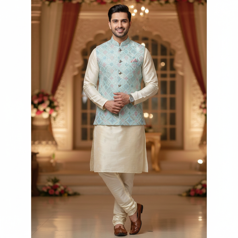 Koti (Nehru Jacket) Fabric ManTire Designer Silk Embroidery Colour Sea Blue