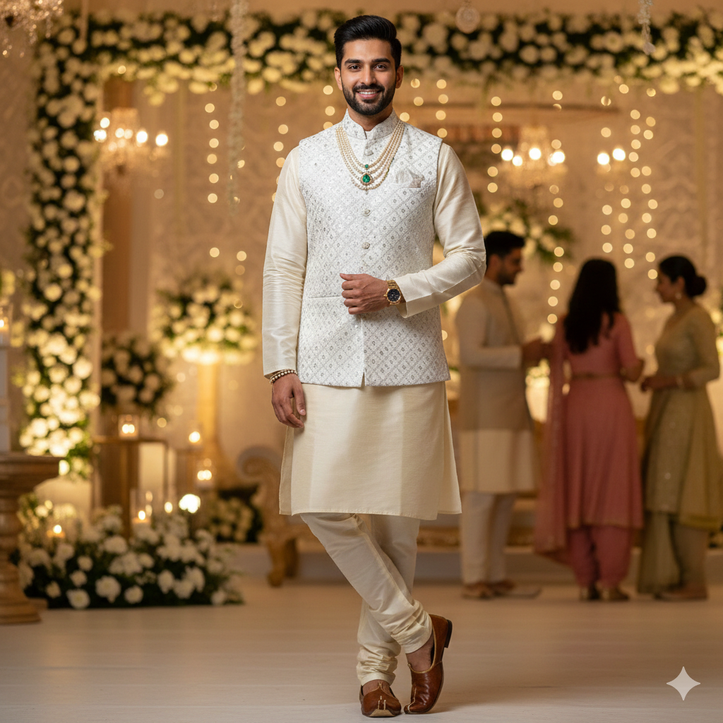 Koti (Nehru Jacket) Fabric ManTire Designer Silk Embroidery Colour White