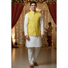 Koti (Nehru Jacket) Fabric ManTire Designer Silk Embroidery Colour Gold