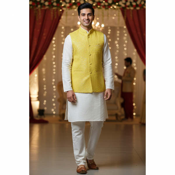 Koti (Nehru Jacket) Fabric ManTire Designer Silk Embroidery Colour Gold