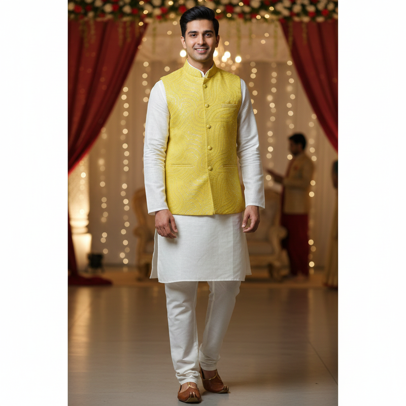 Koti (Nehru Jacket) Fabric ManTire Designer Silk Embroidery Colour Gold