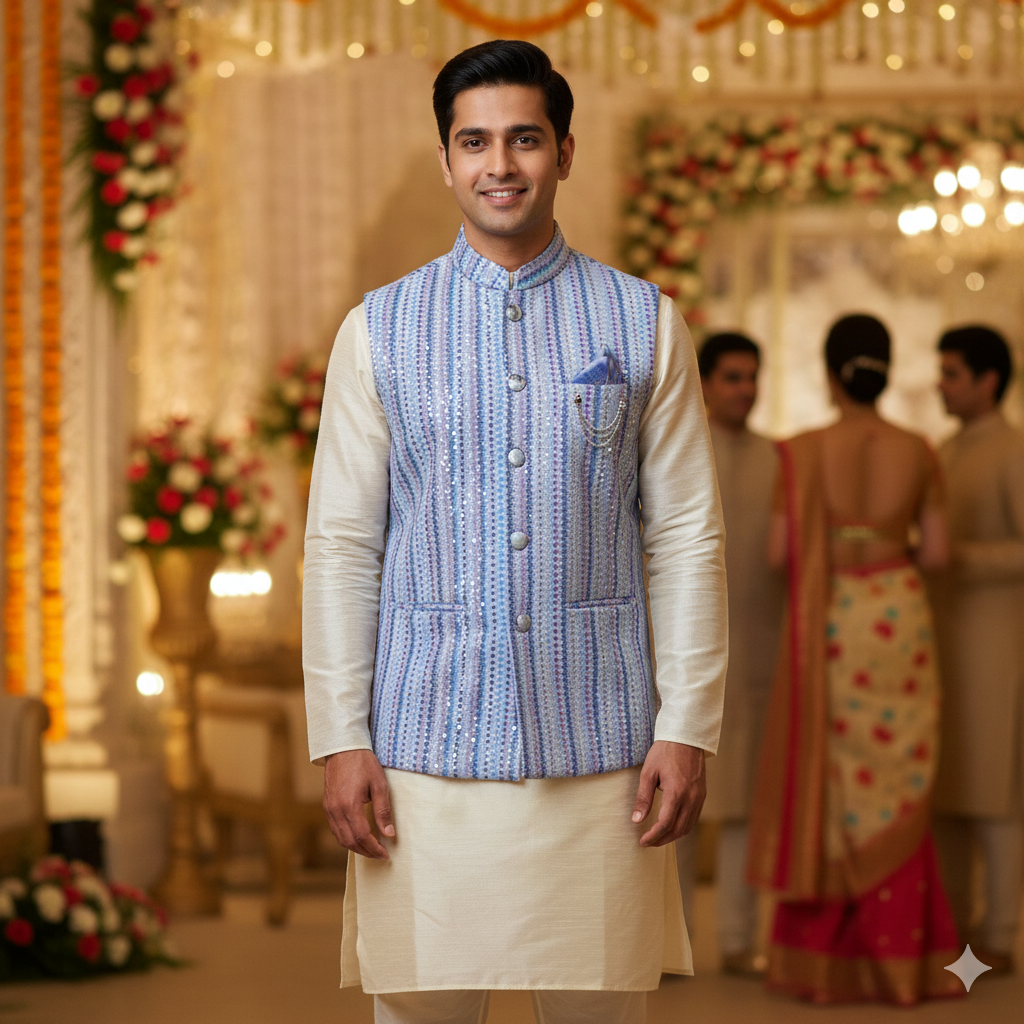 Koti (Nehru Jacket) Fabric ManTire Designer Silk Embroidery Colour Blue N Lavender