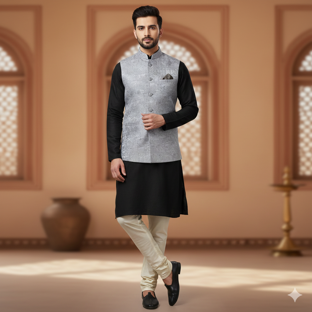 ManTire Premium Jacquard Koti n BandhGala Fabric Colour Grey
