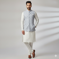 ManTire Premium Jacquard Koti n BandhGala Fabric Colour Light Grey