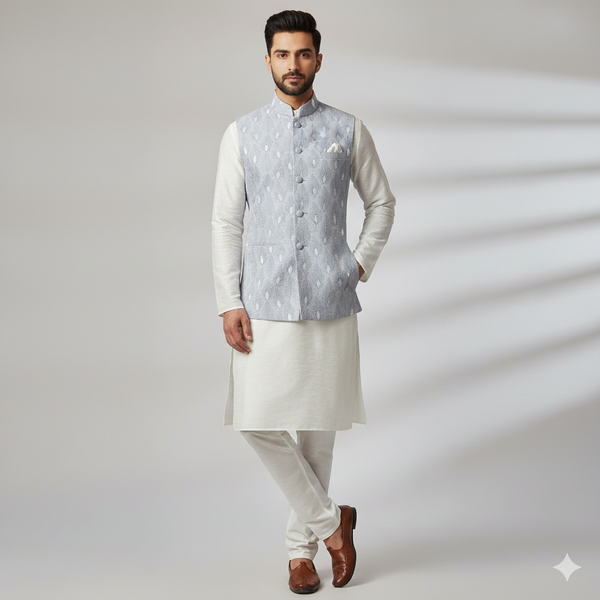 ManTire Premium Jacquard Koti n BandhGala Fabric Colour Light Grey