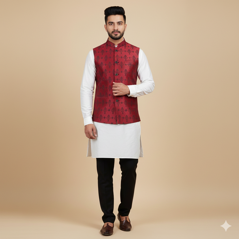 MANTIRE PREMIUM JACQUARD KOTI N BANDHGALA FABRIC COLOUR RED view 1