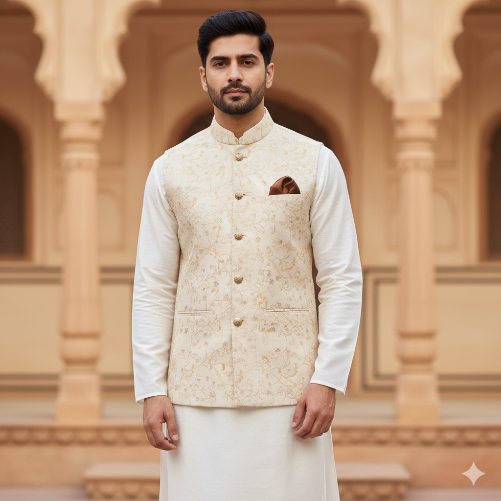 ManTire Premium Jacquard BandhGala Fabric Colour Brown