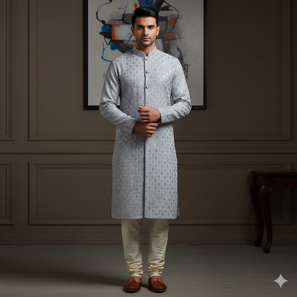 Kurta Fabric ManTire Designer Silk Embroidery Colour Silver Grey
