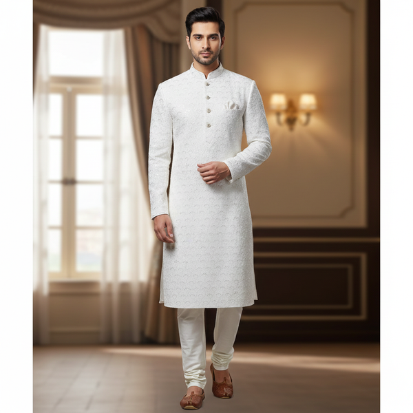 Kurta Fabric ManTire Designer Silk Embroidery Colour Off White