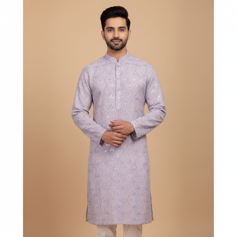 Kurta Fabric ManTire Designer Silk Embroidery Colour Lavender