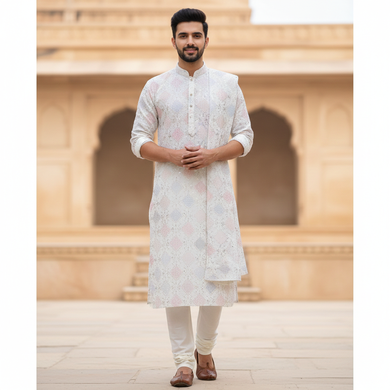 Kurta Fabric ManTire Designer Silk Embroidery Colour Blue,Pink N Green