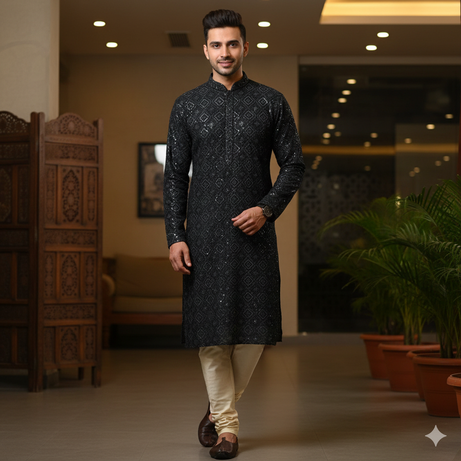 Kurta Fabric ManTire Designer Velvet Embroidery Colour Dark Grey