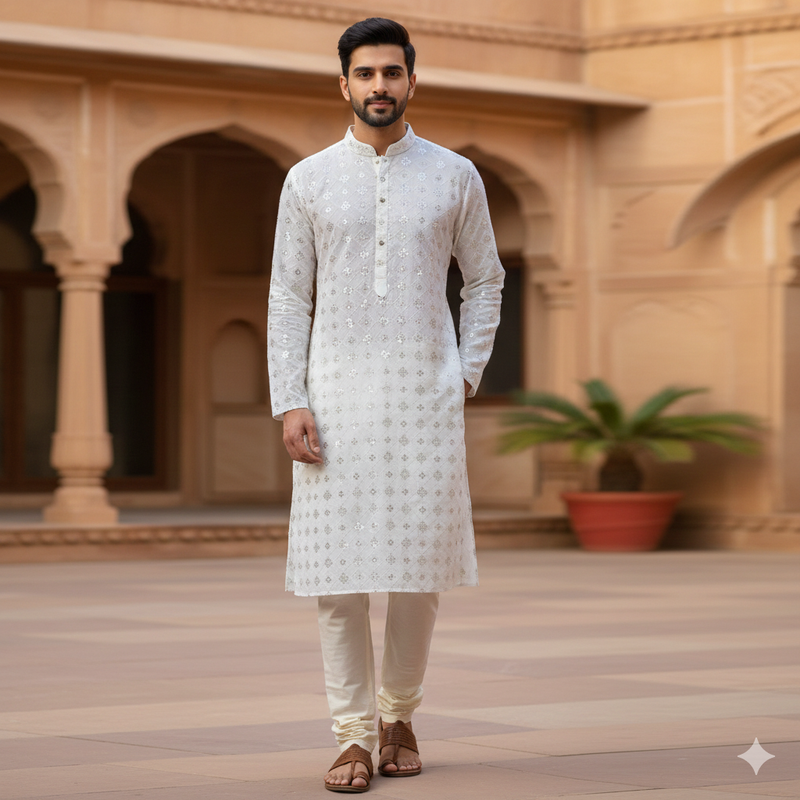 Kurta Fabric ManTire Designer Silk Embroidery Colour White