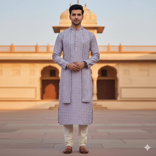 Kurta Fabric ManTire Designer Silk Embroidery Colour Light Lavender