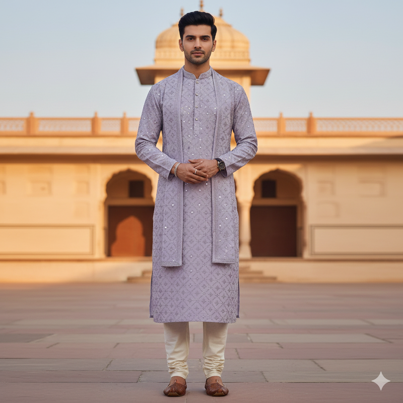 Kurta Fabric ManTire Designer Silk Embroidery Colour Light Lavender