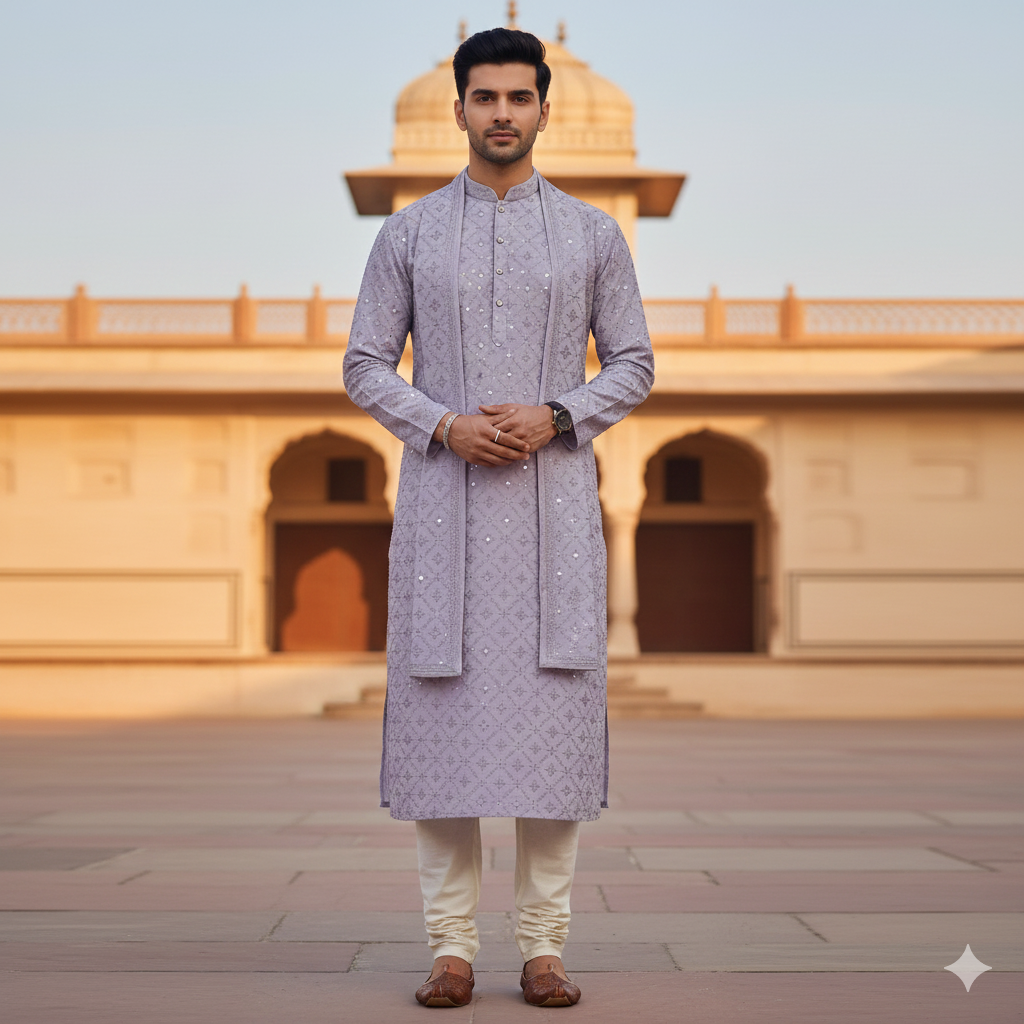 Kurta Fabric ManTire Designer Silk Embroidery Colour Light Lavender
