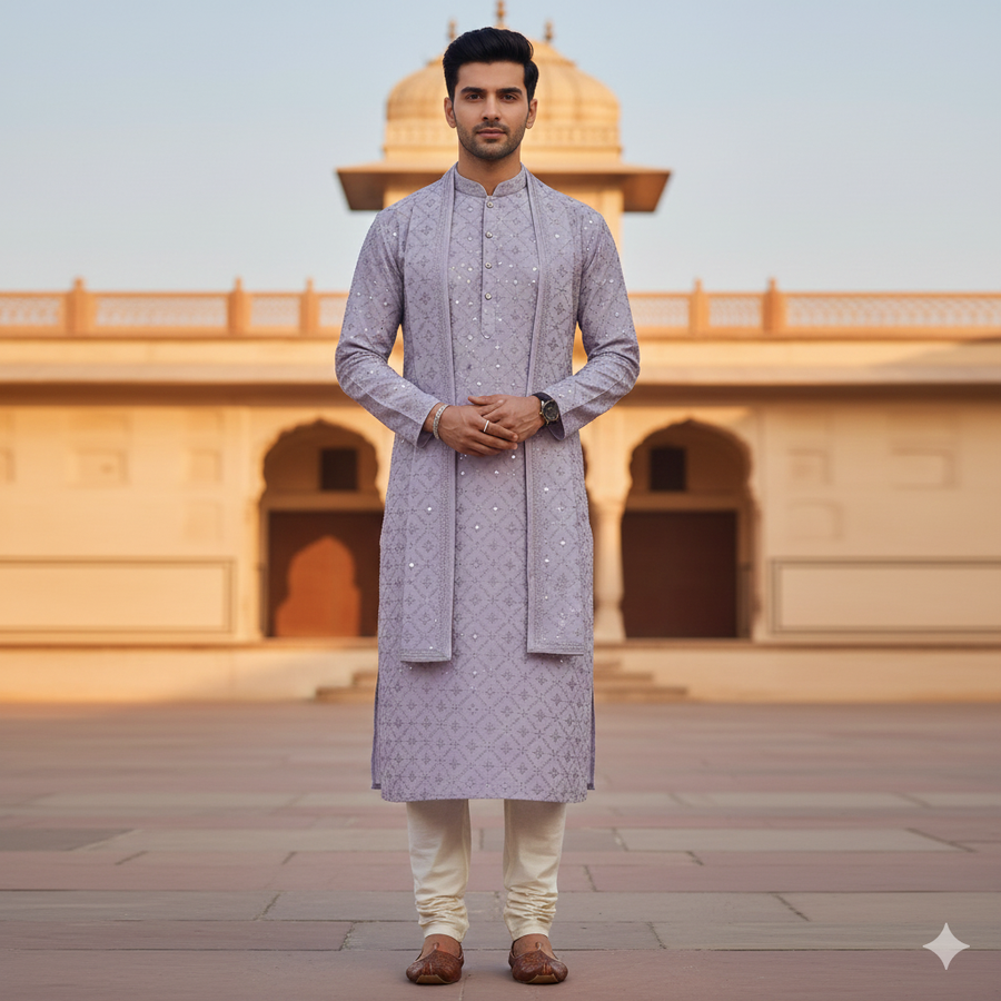 Kurta Fabric ManTire Designer Silk Embroidery Colour Light Lavender
