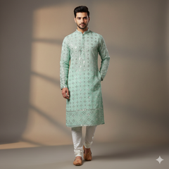 Kurta Fabric ManTire Designer Silk Embroidery Colour Mint Green