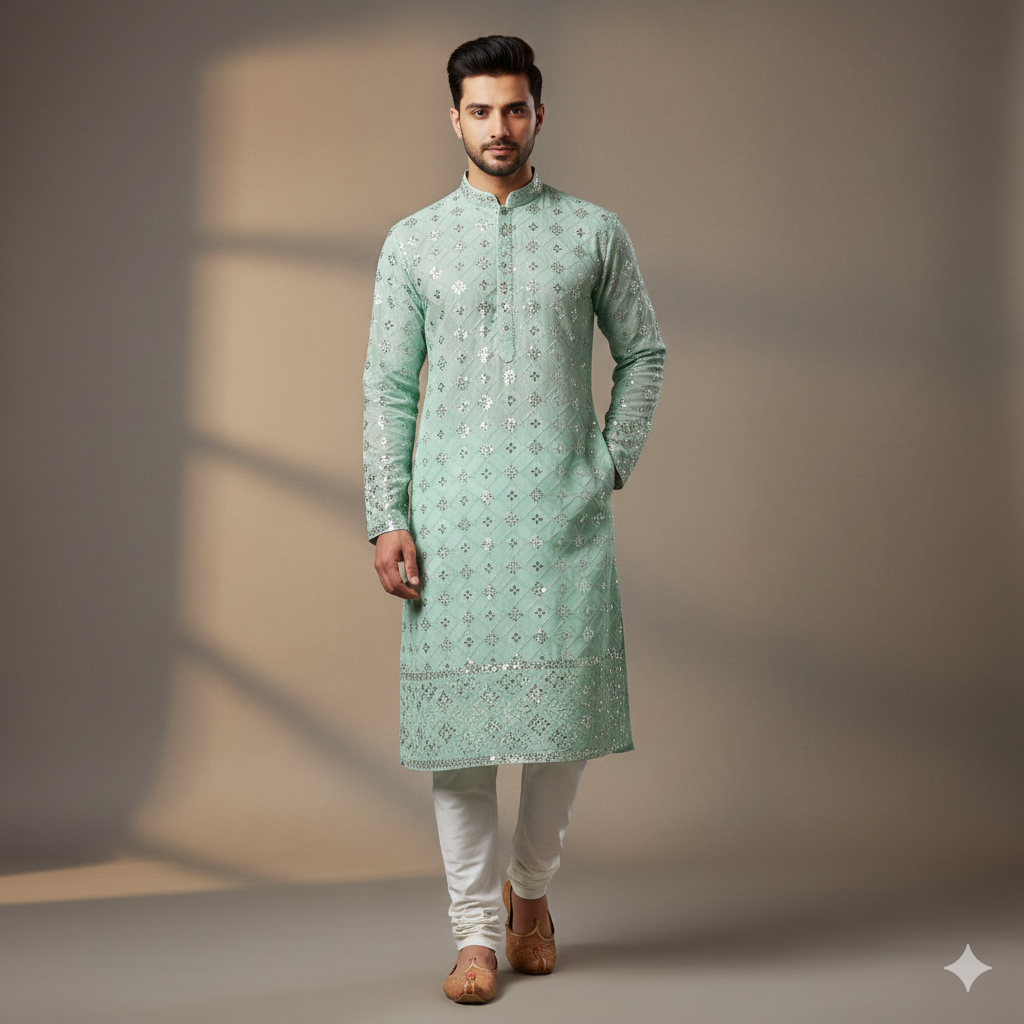 Kurta Fabric ManTire Designer Silk Embroidery Colour Mint Green