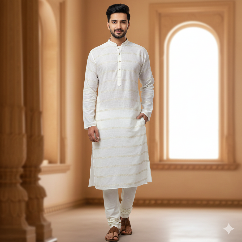 Kurta Fabric ManTire Designer Silk Embroidery Colour Off White N Golden Brown