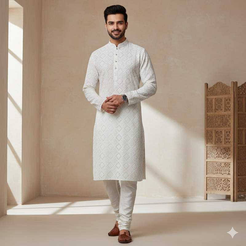 Kurta Fabric ManTire Designer Silk Embroidery Colour White