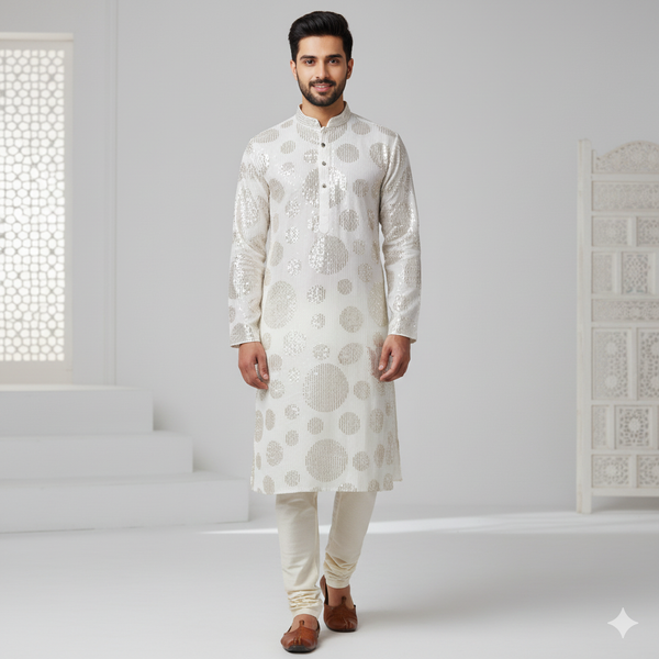 Kurta Fabric ManTire Designer Silk Embroidery Colour Brown N White