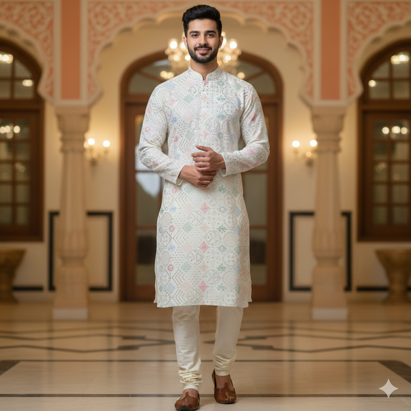 Kurta Fabric ManTire Designer Silk Embroidery Colour Green,Blue N White