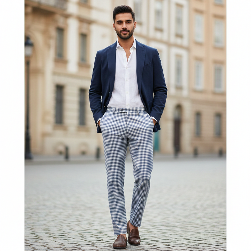 Trouser Fabric Donear Premium 60Lea  100% Linen Check Colour Blue N White