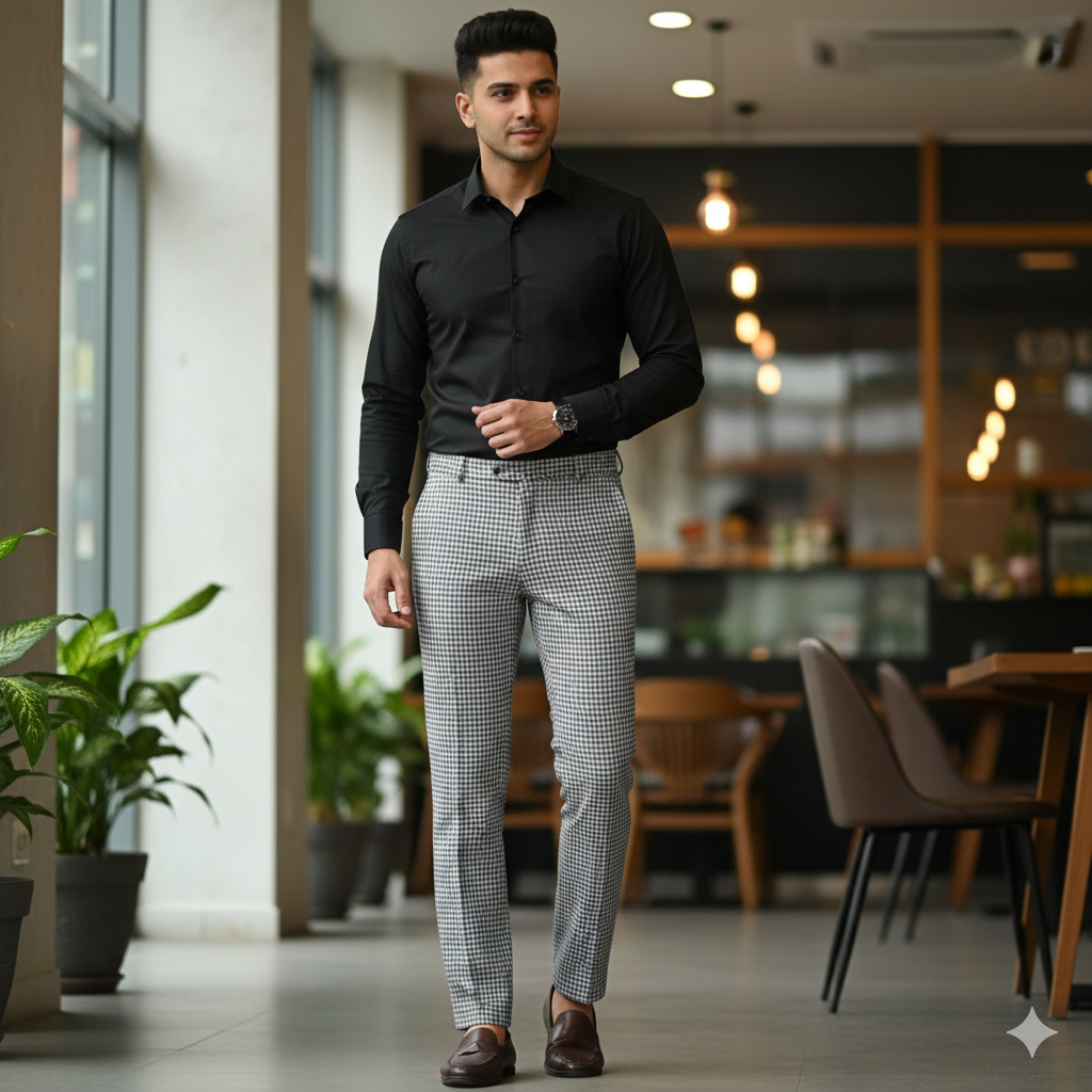 Trouser Fabric Donear Premium 60Lea  100% Linen zig zag Check Colour Grey N White