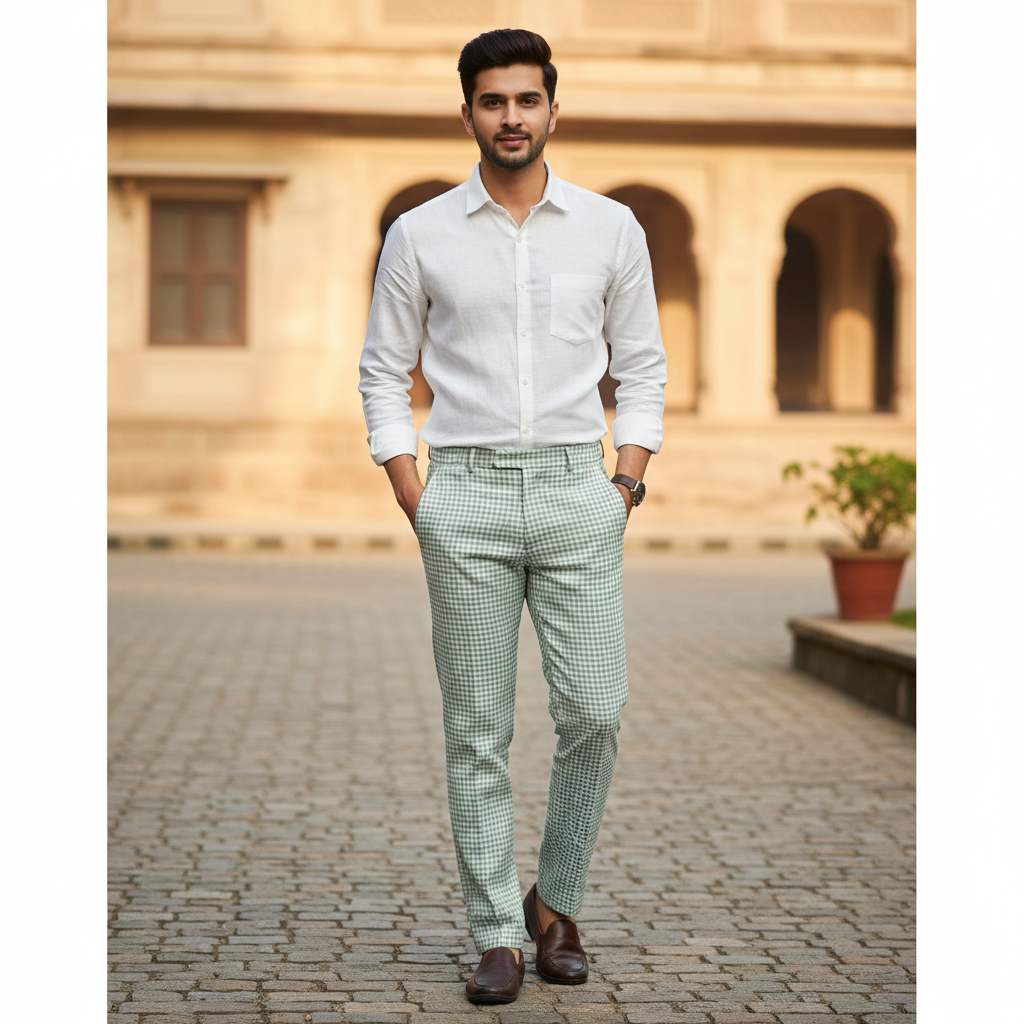 Trouser Fabric Donear Premium 60Lea  100% Linen Check Colour Green