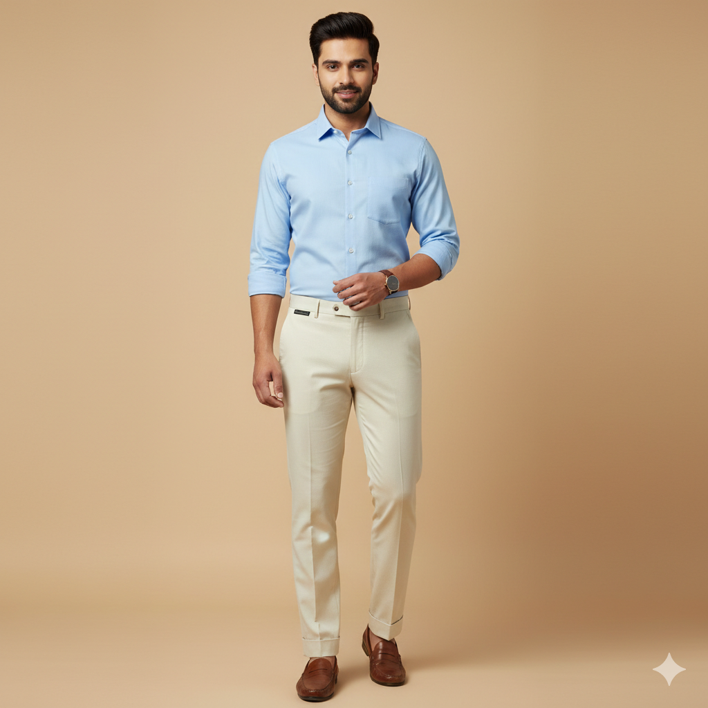 Trouser Fabric Donear Pure Cotton Lycra Textured Colour Light Cream