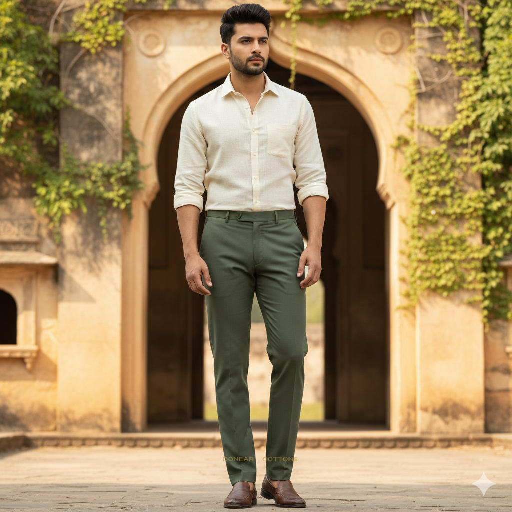 Trouser Fabric Donear Pure Cotton Lycra Textured Colour Swamp Green