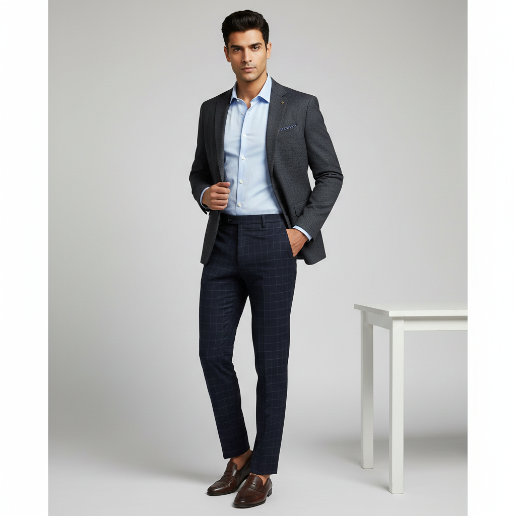 Trouser Fabric Donear 4Way Stretchable Premium Check Colour Dark Blue