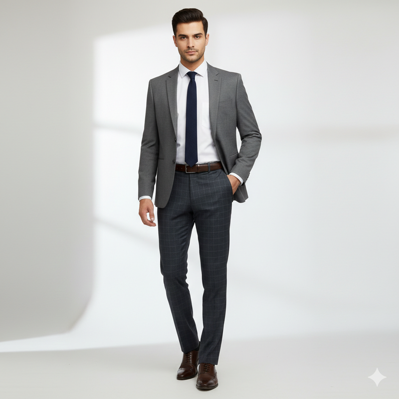 Trouser Fabric Donear 4Way Lycra Premium Broad Check Colour Prussian Blue