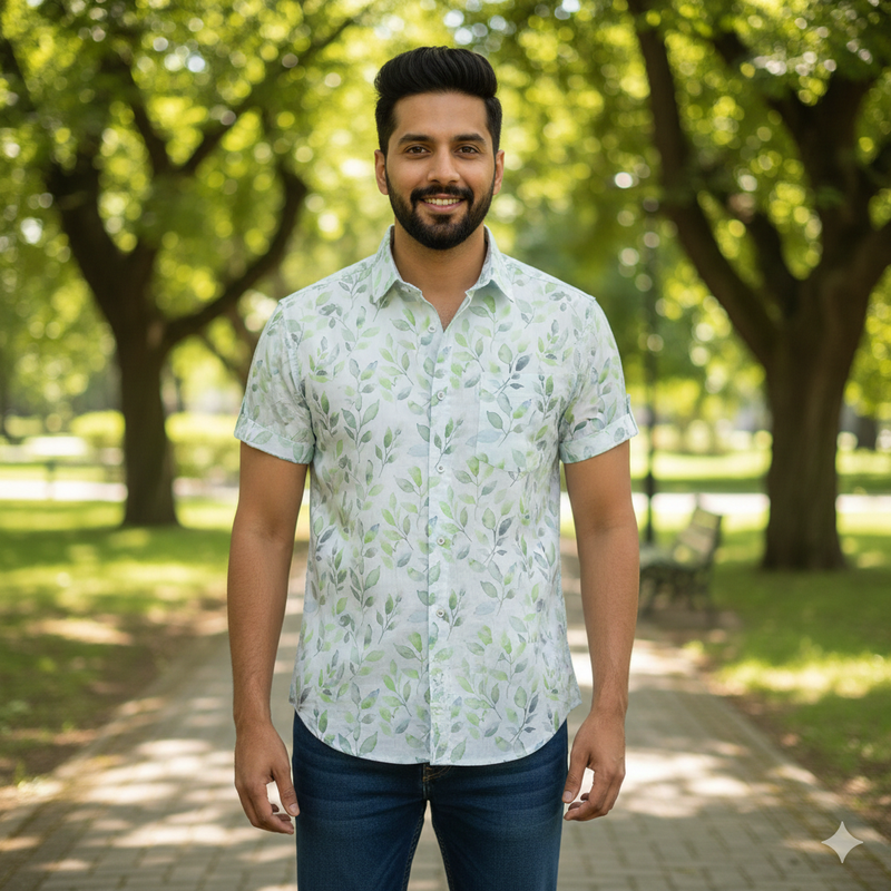 Shirt Fabric Mantire Poly Cotton Digital Print With Dobby Colour Mint Green