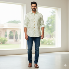 Shirt Fabric Mantire Poly Cotton Digital Print With Dobby Colour Light Green