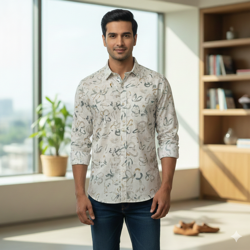 Shirt Fabric ManTire 100% Cotton Premium Linen Look Digital Print Colour Dark Green N Off White